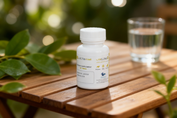 قرص لاکتاول برای شیردهی روی میز چوبی با عناصر طبیعی